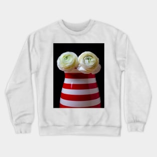 Two White Ranunculus Flowers In Red And White Striped Vase Crewneck Sweatshirt